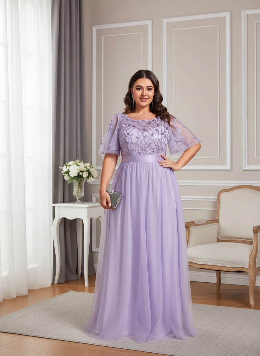 Plus Size Gold Crew Neck Applique Tulle Evening Dresses