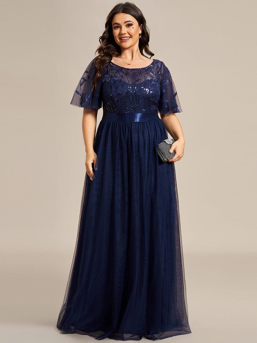 Gold Crew Neck Sequin Prom Dress with Sleeves #color_Navy Blue