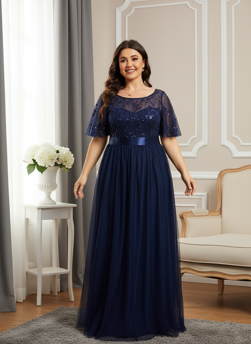 Plus Size Gold Crew Neck Applique Tulle Evening Dresses