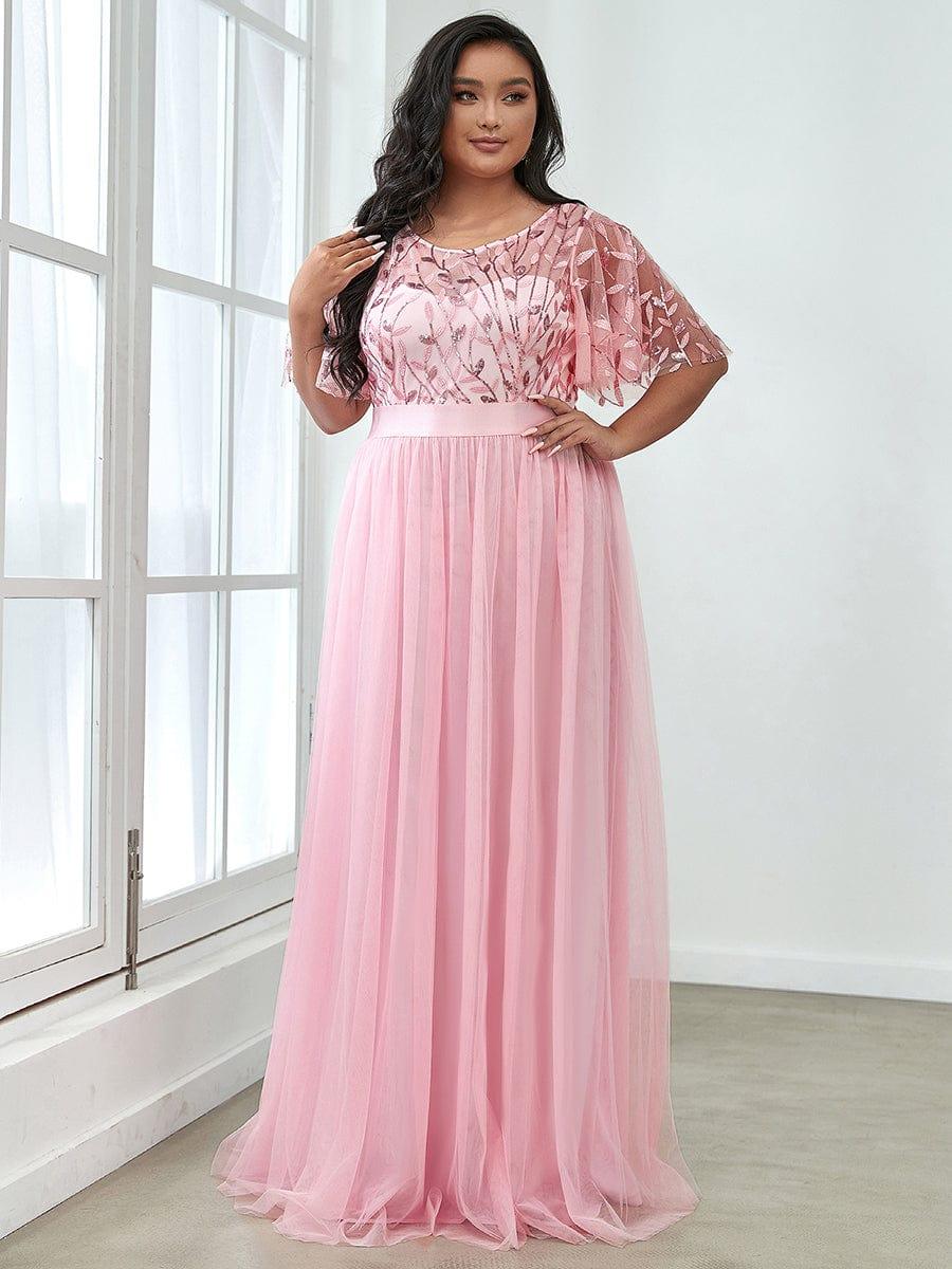 Plus Size Sequin Applique Evening Dress with Short Sleeves
