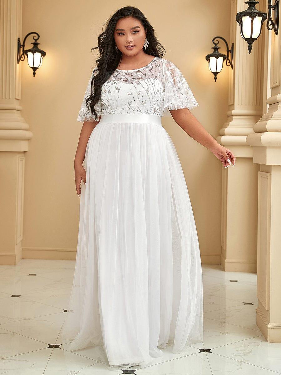 Plus Size Sequin Applique Evening Dress with Short Sleeves