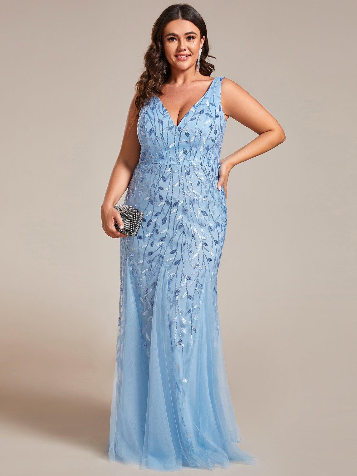 Plus Size V-Neck Sequin Long Mermaid Formal Dresses & Gowns