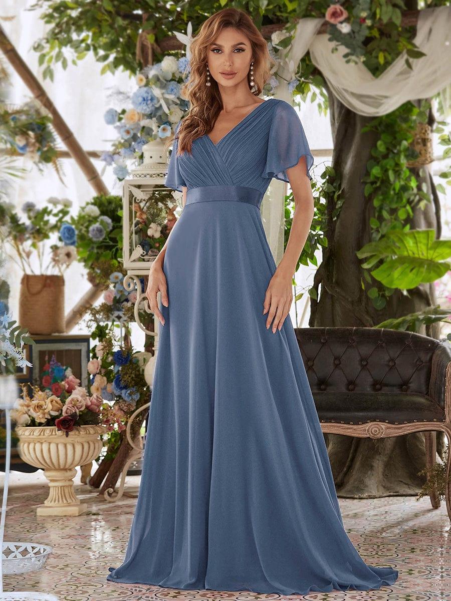 Long Chiffon Empire Waist Bridesmaid Dress with Short Flutter Sleeves #color_Dusty Blue