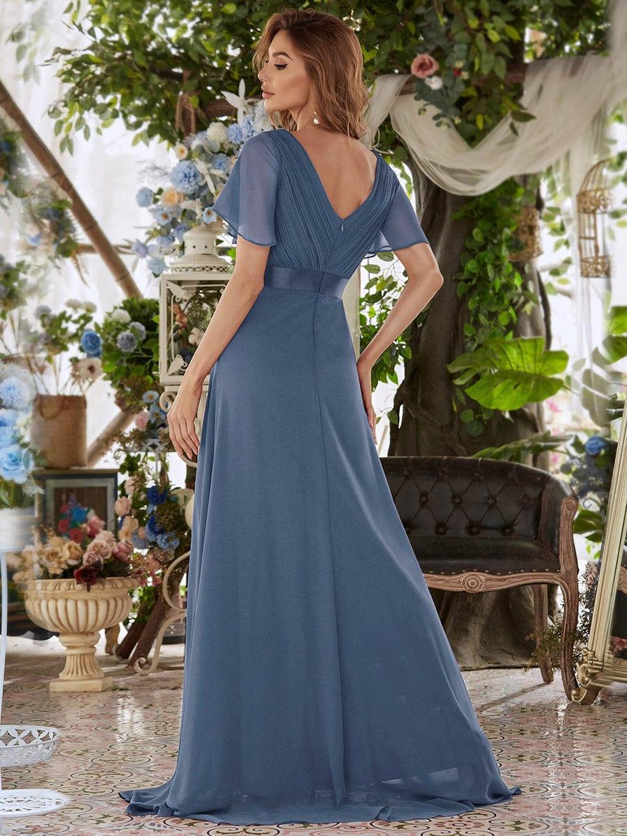 Dusty Blue Empire Waist Chiffon Bridesmaid Dress with Sleeves#color_Dusty Blue