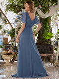 Dusty Blue Empire Waist Chiffon Bridesmaid Dress with Sleeves#color_Dusty Blue