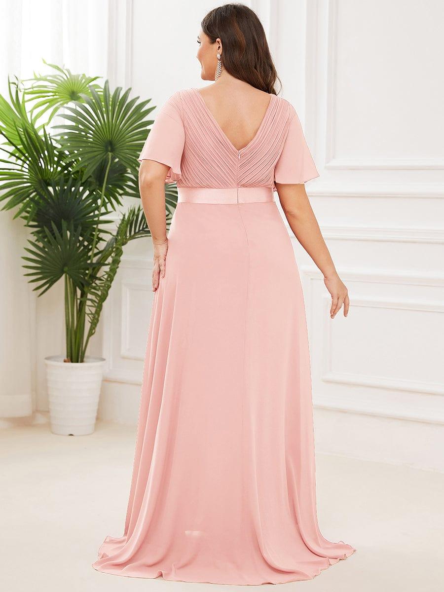 Long Chiffon Empire Waist Bridesmaid Dress with Short Flutter Sleeves #color_Pink