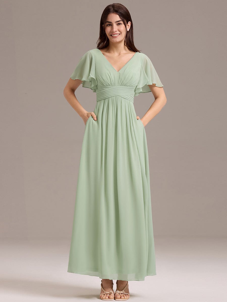 Flowing V-Neck Chiffon Bridesmaid Dress with Short Sleeves