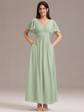 Flowing V-Neck Chiffon Bridesmaid Dress with Short Sleeves