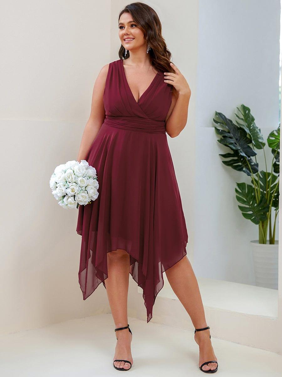 Plus Size V-Neck Pleated Chiffon Bridesmaid Dress with Asymmetrical Hem