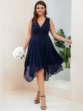 Plus Size V-Neck Pleated Chiffon Bridesmaid Dress with Asymmetrical Hem