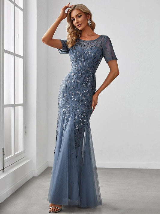 Elegant Gold Applique Tulle Mermaid Evening Dress #Color_Dusty Blue