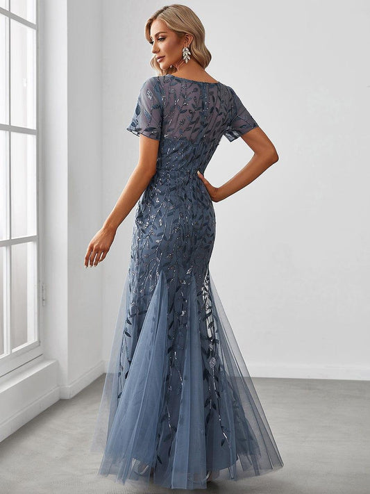 Dusty Blue Sequin Applique Mermaid Formal Dress with Short Sleeve #Color_Dusty Blue