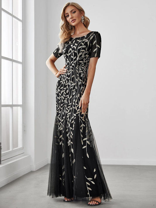Elegant Gold Applique Tulle Mermaid Evening Dress